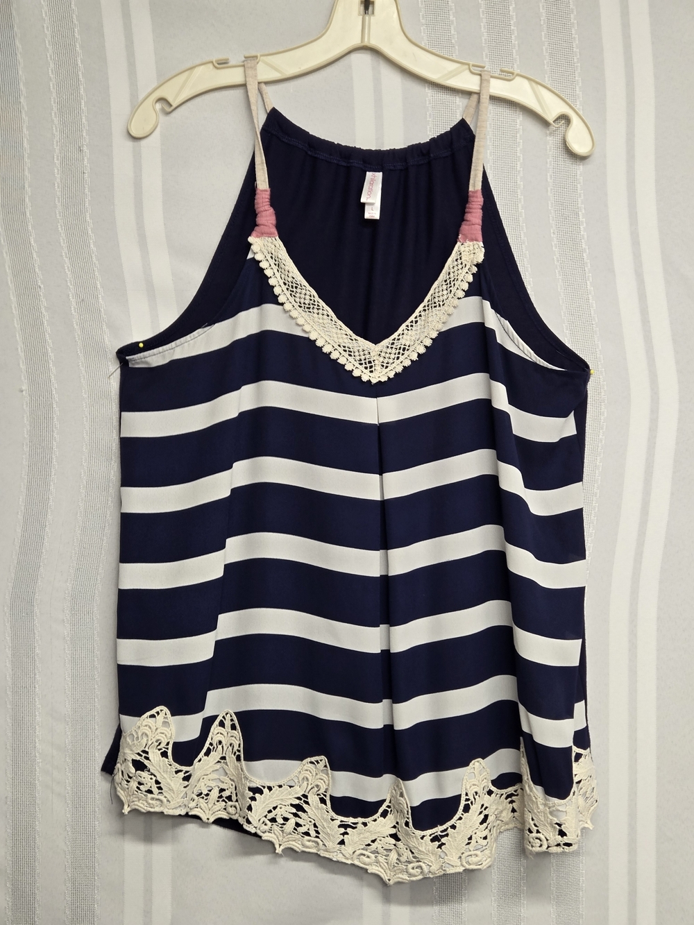 Xhilaration Navy and White Striped Crochet-Trim Cami SIZE LARGE